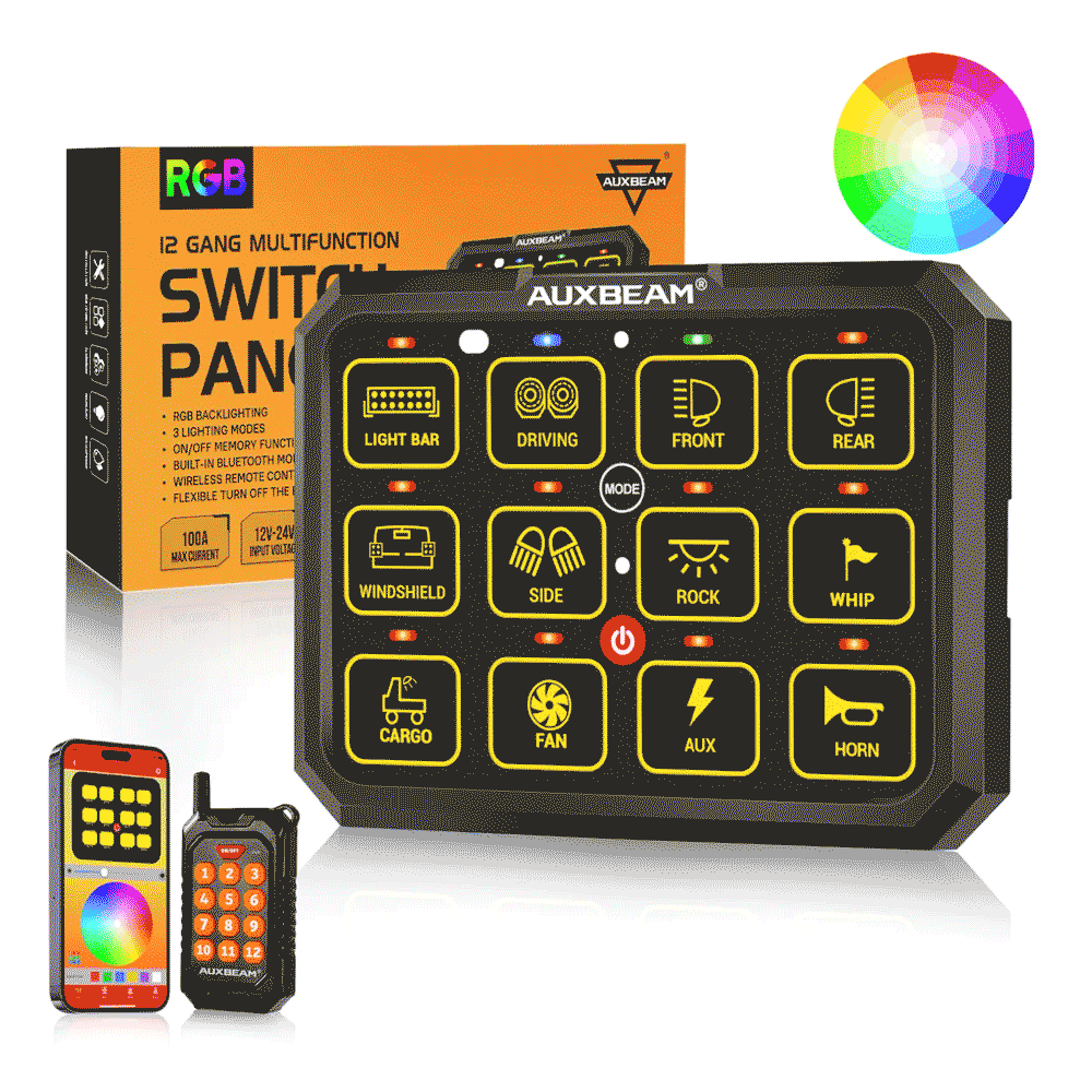 Auxbeam AC 1200 RGB Switch Panel with App Remote Control Toggle Momentary Pulsed Mode Supported One Sided Outlet