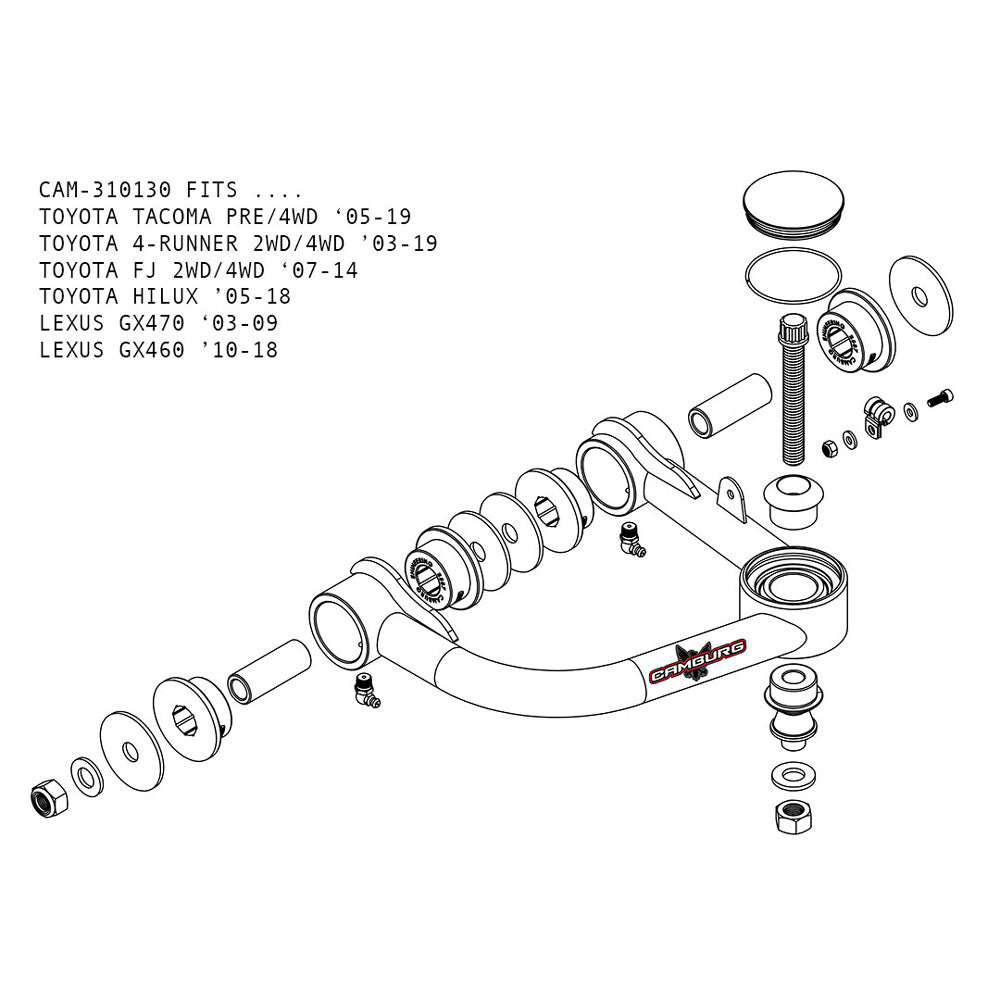 Camburg - 1.25 Performance Uniball Upper Arms with Covers - Toyota 4Runner (2003-2023), FJ (2007-2014), Lexus GX460 & GX470