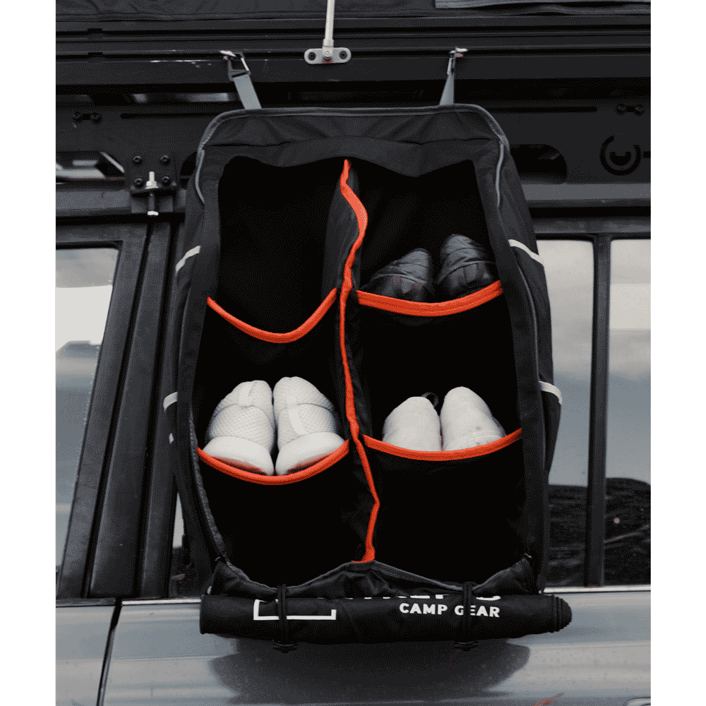 intrepid camp gear Intrepid Camp Gear Shoe Bag Storage System – Water‐Resistant Hanging Shoe Organizer with 6 Compartments & Outer Pockets, Rooftop Tent Use