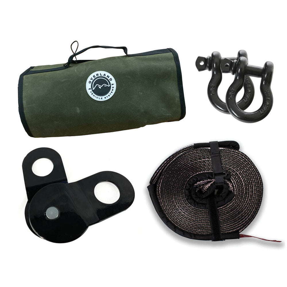 Overland Vehicle Systems - Recovery Wrap Kit Including 20" Tow Strap, Pair of Black D-Rings, Snatch Block & Canvas Bag